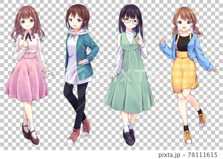 4 Anime Style Female Characters Full Body Stock Illustration