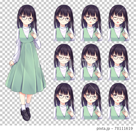 アニメ風の女性キャラクター 全身イラスト＋表情差分セットの