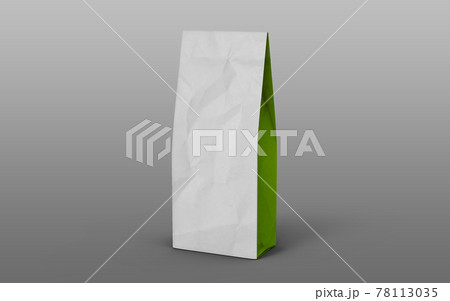 Tea or coffee paper packaging bag with green on side isolated on white background. 3d rendering. Tea or coffee paper packaging bag with green on side isolated on white background. 3d rendering. 78113035