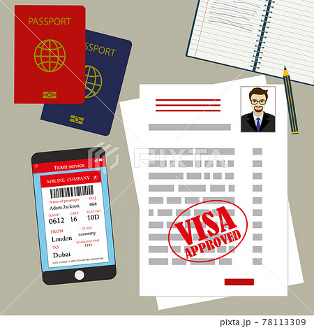 visa approved blank or work permit, passport and smartphone with 78113309