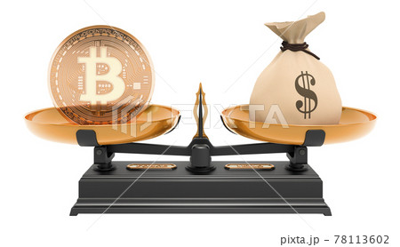 Bitcoin and dollar bag, balance concept. 3D rendering Bitcoin and dollar bag, balance concept. 3D rendering 78113602
