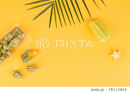 Fruit carambol, beach accessories and foliage of a tropical plant on colored paper Fruit carambol, beach accessories and foliage of a tropical plant on colored paper 78113843