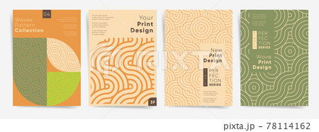 Asian modern art poster cover set. Japanese waves and lines, abstract geometric wavy mosaic. Creative and artistic design layouts for poster, banner, presentation, identity, report, placard, blank. 78114162