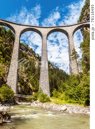 Landwasser Viaduct in Swiss Alps, vertical view of railroad bridge in Switzerland 78116495