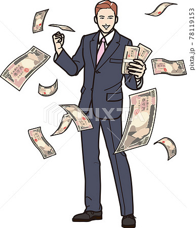 札束を持ちガッツポーズのサラリーマン　舞う 78119153