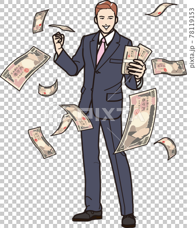 札束を持ちガッツポーズのサラリーマン　舞う 78119153