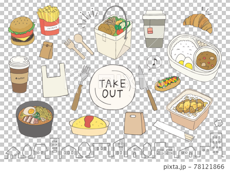 テイクアウトにまつわる手描きイラストセット 78121866