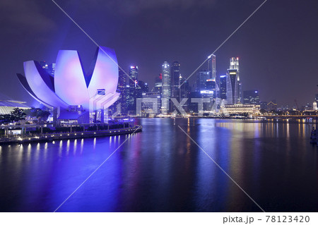 Beautiful ArtScience Museum at night in Marina Bay Sands in Singapore.  78123420