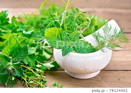 Herbs spicy in stone mortar on wooden board Herbs spicy in stone mortar on wooden board 78124401