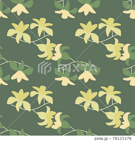 Spring season seamless pattern with yellow random hawaii flowers ornament. Green pale background. 78125376