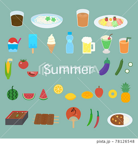 シンプルでかわいい夏の食べ物のイラストセット フラットデザインのイラスト素材
