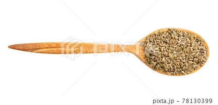 top view of wood spoon with ajwain seeds isolated top view of wood spoon with ajwain seeds isolated 78130399