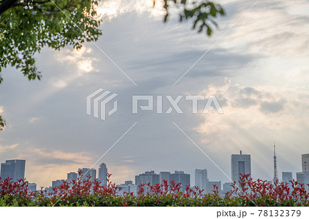 大都会東京のオフィス街と夕暮れ時の雲の隙間からの光芒の風景 大都会東京のオフィス街と夕暮れ時の雲の隙間からの光芒の風景 78132379