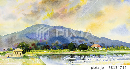 Watercolor landscape painting of mountain farm. 78134715