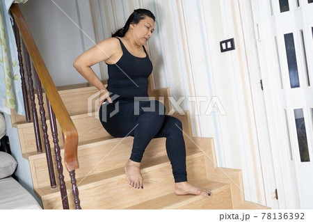 Asian middle-aged lady woman patient fall down the stairs because slippery surfaces 78136392