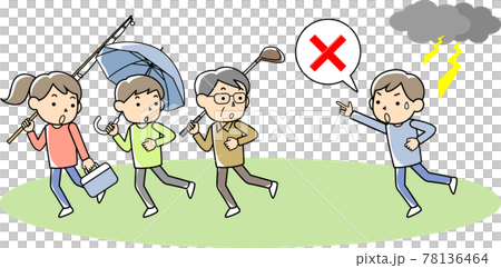 高く突き出たものを持つ人に落雷の危険を知らせる男性 78136464