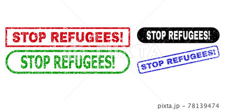 STOP REFUGEES Exclamation. Rectangle Seals with Corroded Surface STOP REFUGEES Exclamation. Rectangle Seals with Corroded Surface 78139474