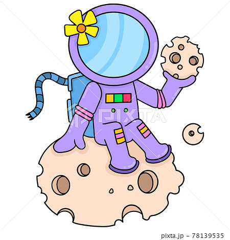 The Female Astronaut Sits On A Meteor Rock And のイラスト素材