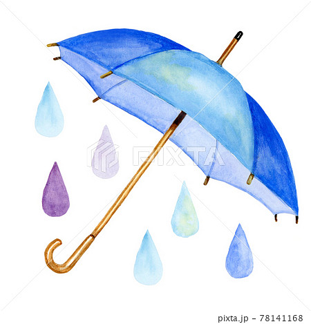 傘と雨 手描き水彩画 のイラスト素材