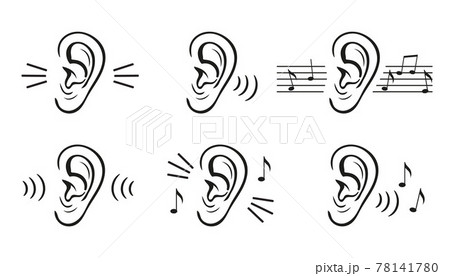 Ear, hearing test icon set. Sound perception. Human hear loud noise or music. Level volume control. Loss listening. Receive information, news, communication Otolaryngology medical sign. Outline vector Ear, hearing test icon set. Sound perception. Human hear loud noise or music. Level volume control. Loss listening. Receive information, news, communication Otolaryngology medical sign. Outline vector 78141780