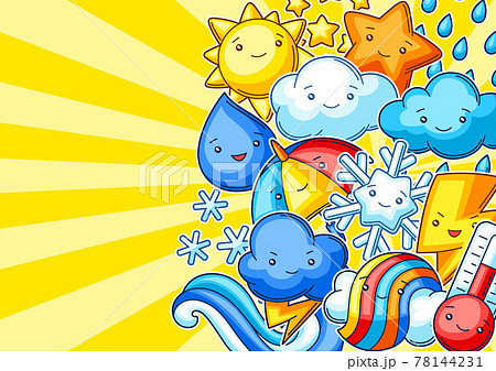 Background with cute kawaii weather items. Funny seasonal child illustration. Background with cute kawaii weather items. Funny seasonal child illustration. 78144231