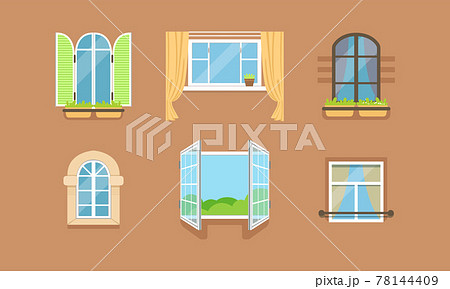 Different Framed Windows on Wall as Building Exterior Element Vector Set 78144409
