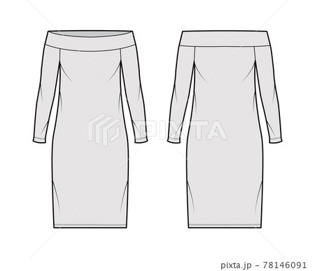 Dress off-the-shoulder Bardot technical fashion illustration with long sleeves, oversized body, knee length pencil 78146091