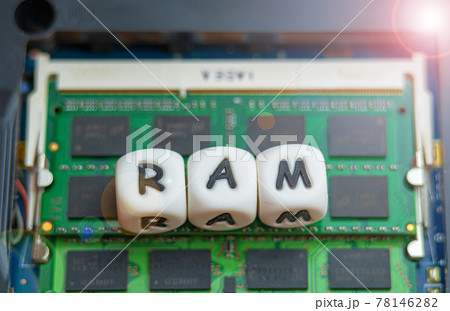 Laptop RAM concept, the inscription RAM is located on the laptop RAM chip 78146282