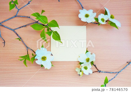 明るい木目とハナミズキの花を背景にした正方形のクリーム色の招待カードのモックアップ 78146570