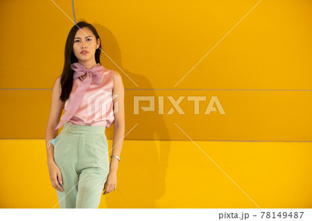 Female feels happy to walk street outdoor for shopping 78149487