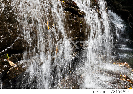 黒肌の岩と白さを輝かせる水の小滝 78150915