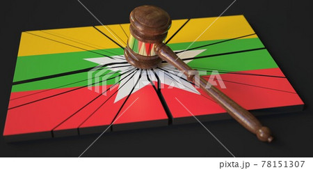 Block with flag of Myanmar hit by judge's gavel. Court related 3d rendering 78151307