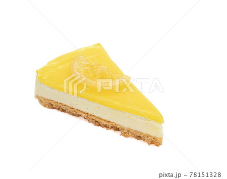 Lemon cheesecake, a close up of homemade sliced cheese cake bakery isolated on white background. Lemon cheesecake, a close up of homemade sliced cheese cake bakery isolated on white background. 78151328