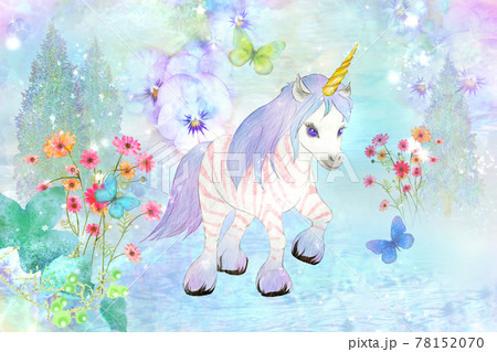 く*み様 手描きイラスト　ユニコーン シマウマ模様のユニコーン手描きイラストのイラスト素材 [78152070