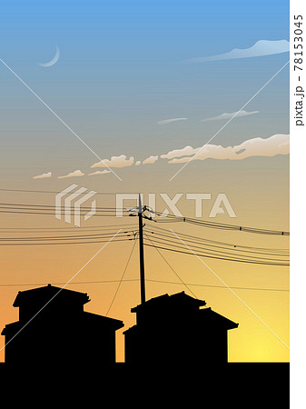 夕焼け空と家のシルエットのベクターイラストのイラスト素材