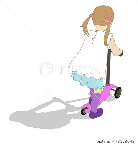 キックボードに乗る小さな女の子のイラスト ベクター 白背景 切り抜き のイラスト素材