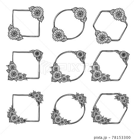 手描き風ひまわりとボタニカルのミニフレーム素材セットのイラスト素材