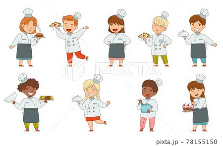 Children Chef in White Toque and Uniform Engaged in Food Preparation Vector Set Children Chef in White Toque and Uniform Engaged in Food Preparation Vector Set 78155150