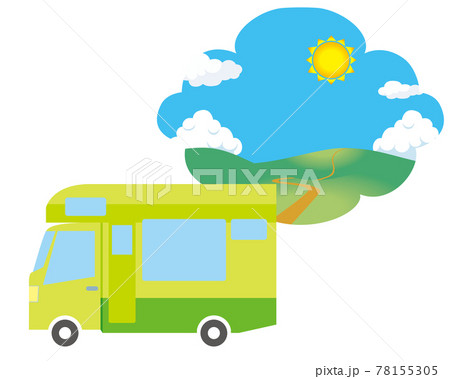 行楽イメージ風景セット可愛い漫画シンプルなタッチのデフォルメした自動車のイラスト キャンピングカーのイラスト素材