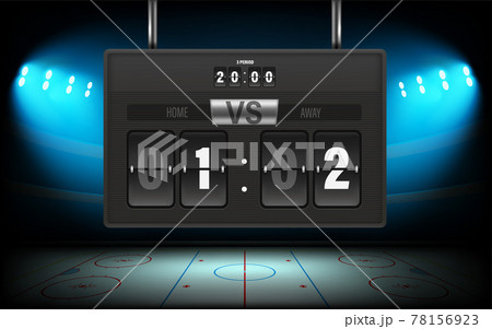 Illuminated ice hockey stadium with scoreboard and score of the match 78156923