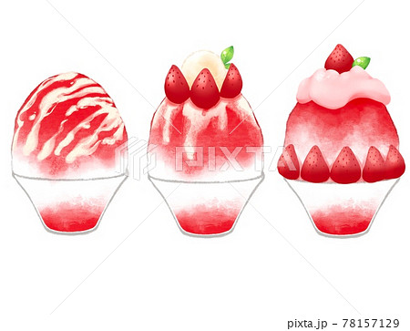 可愛いイチゴかき氷セットのイラスト素材