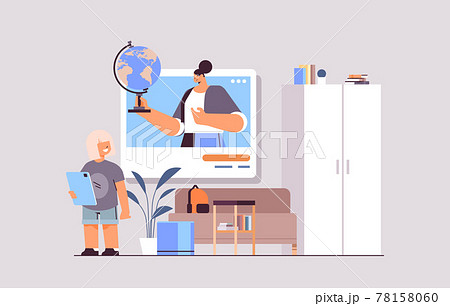 schoolgirl discussing with teacher in web browser window during video call self isolation online communication 78158060