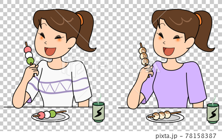みたらし団子と三色団子を食べる女性のイラスト素材