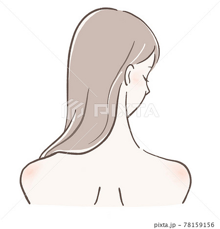 髪がサラサラの女性 後ろ姿右下向き 肩にかかった髪のイラスト素材