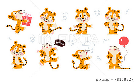 Set of cute little tiger characters with gift box, air balloon, celebrate, jump, stand, smile isolated. Set of cute little tiger characters with gift box, air balloon, celebrate, jump, stand, smile isolated. 78159527