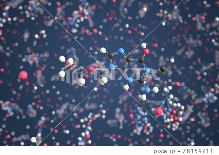 Molecule of Aciclovir. Molecular model, conceptual 3d rendering Molecule of Aciclovir. Molecular model, conceptual 3d rendering 78159711