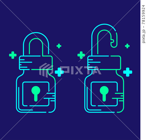 Logo covid-19 vaccine lock bottle keyhole with cross icon, Vaccination Campaign problem exit concept design illustration blue, green color isolated on dark blue background 78159924