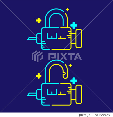 Logo covid-19 vaccine lock syringe with cross icon, Vaccination Campaign problem exit concept design illustration blue, yellow color isolated on dark blue background 78159925