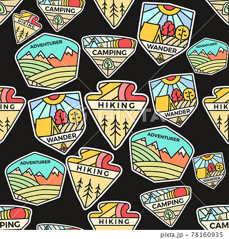 Camping adventure badges pattern. Outdoor hiking seamless background with tent, mountains, cabin life scene. Stock vector texture Camping adventure badges pattern. Outdoor hiking seamless background with tent, mountains, cabin life scene. Stock vector texture 78160935