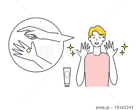 スキンケア アルコール消毒による手の肌荒れが治り喜んでいる可愛い男性 イラスト シンプル ベクターのイラスト素材